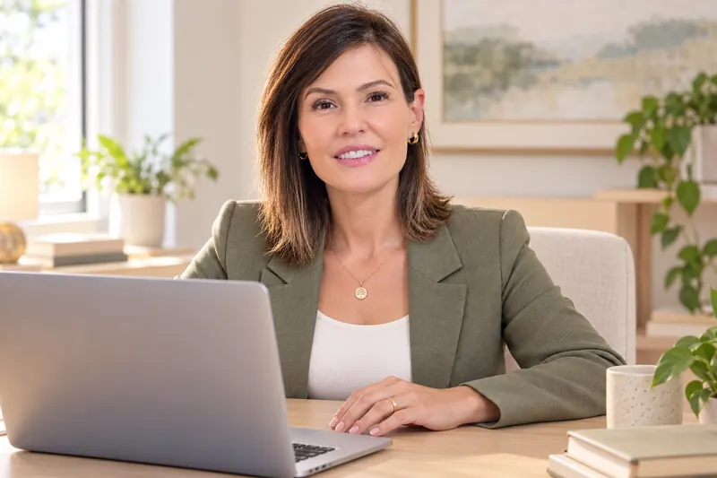 Ellen Andreuccetti em atendimento online, diante do notebook no consultório