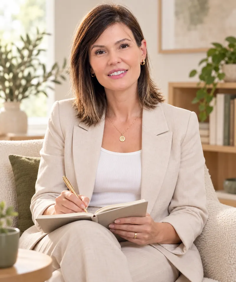 Ellen fazendo anotações em um caderno durante o estudo clínico