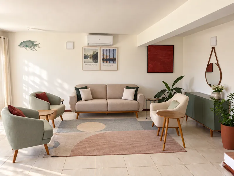 Sala de atendimento do consultório de psicanálise em Atibaia, com sofá, poltronas e quadros de Monet