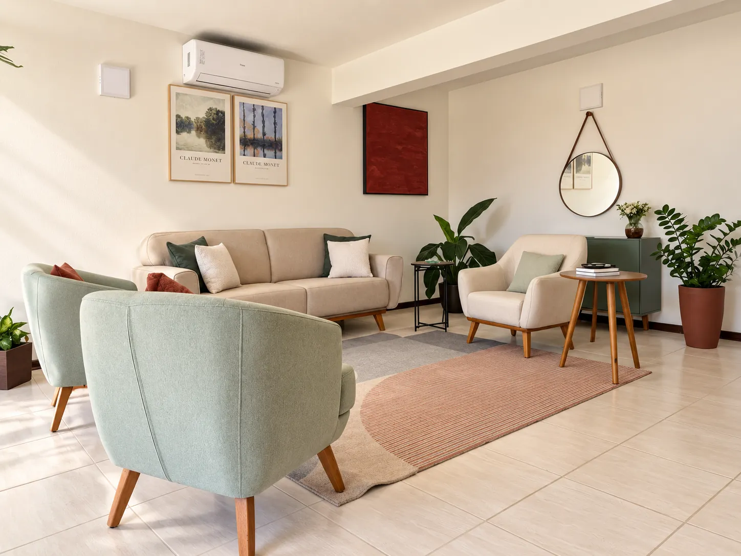 Poltronas e sofá da sala de atendimento, preparados para sessões individuais e de casal