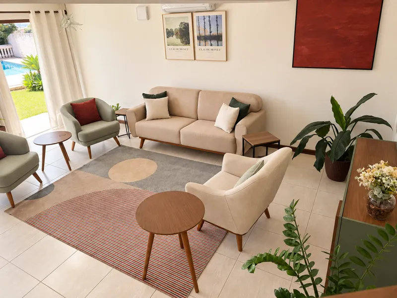 Vista do alto da sala de atendimento, com abertura para o jardim